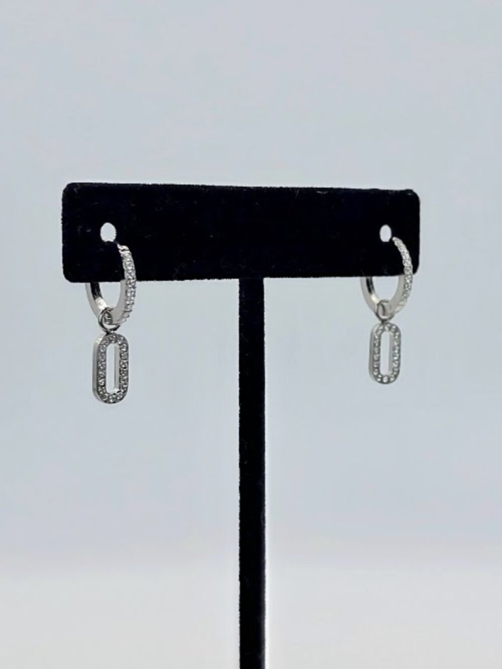 Dainty Silver Pave CZ Oval Link Drop Huggie Earrings